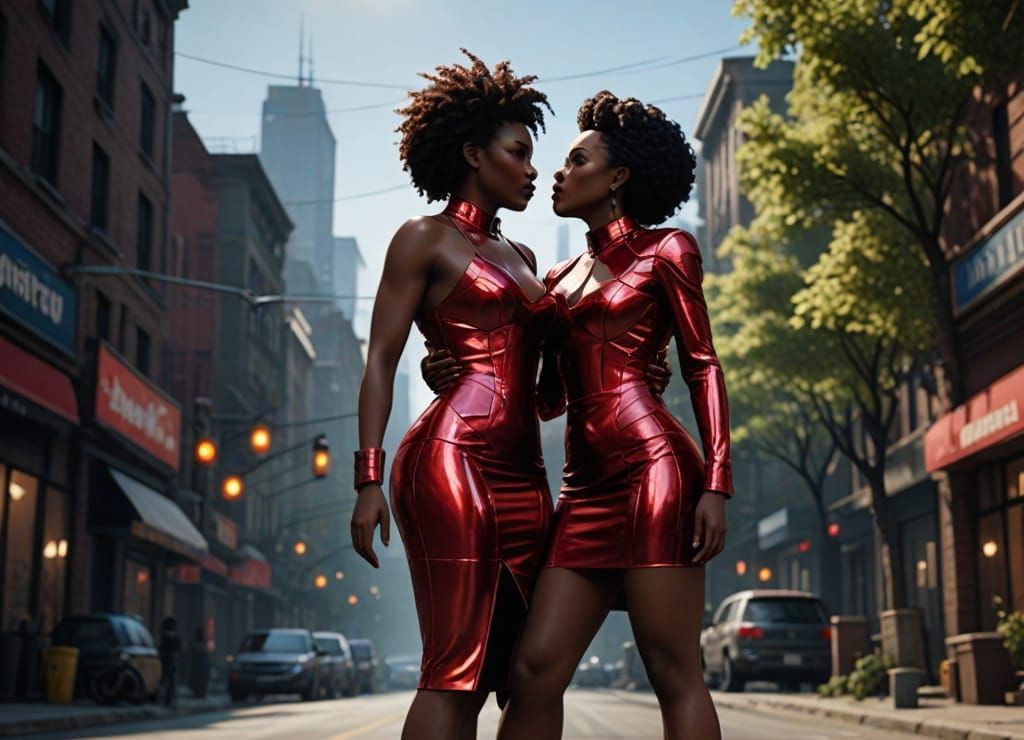 Sultry Ebony Goddesses Embrace in Red Metallic Latex, Cyberp...
