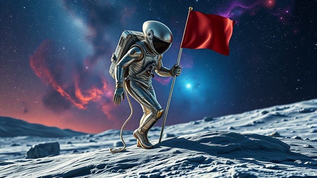 Metallic Space Explorer Plants Flag on Lunar Surface Amidst ...
