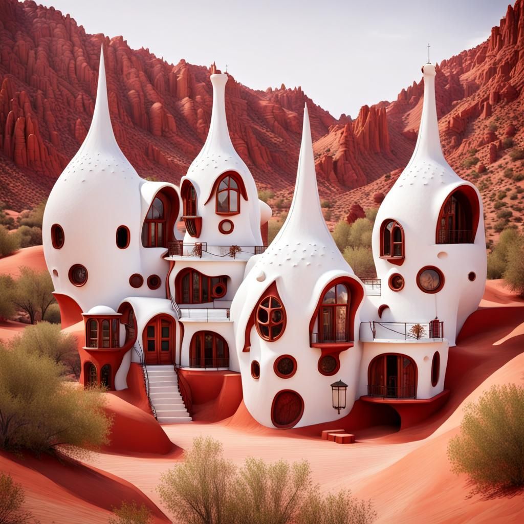 Steampunk Gaudi Houses in Red Desert Canyon