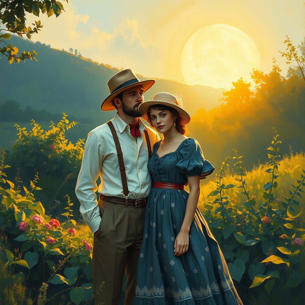 Vintage Figures in Serene Landscape, Gouache Style
