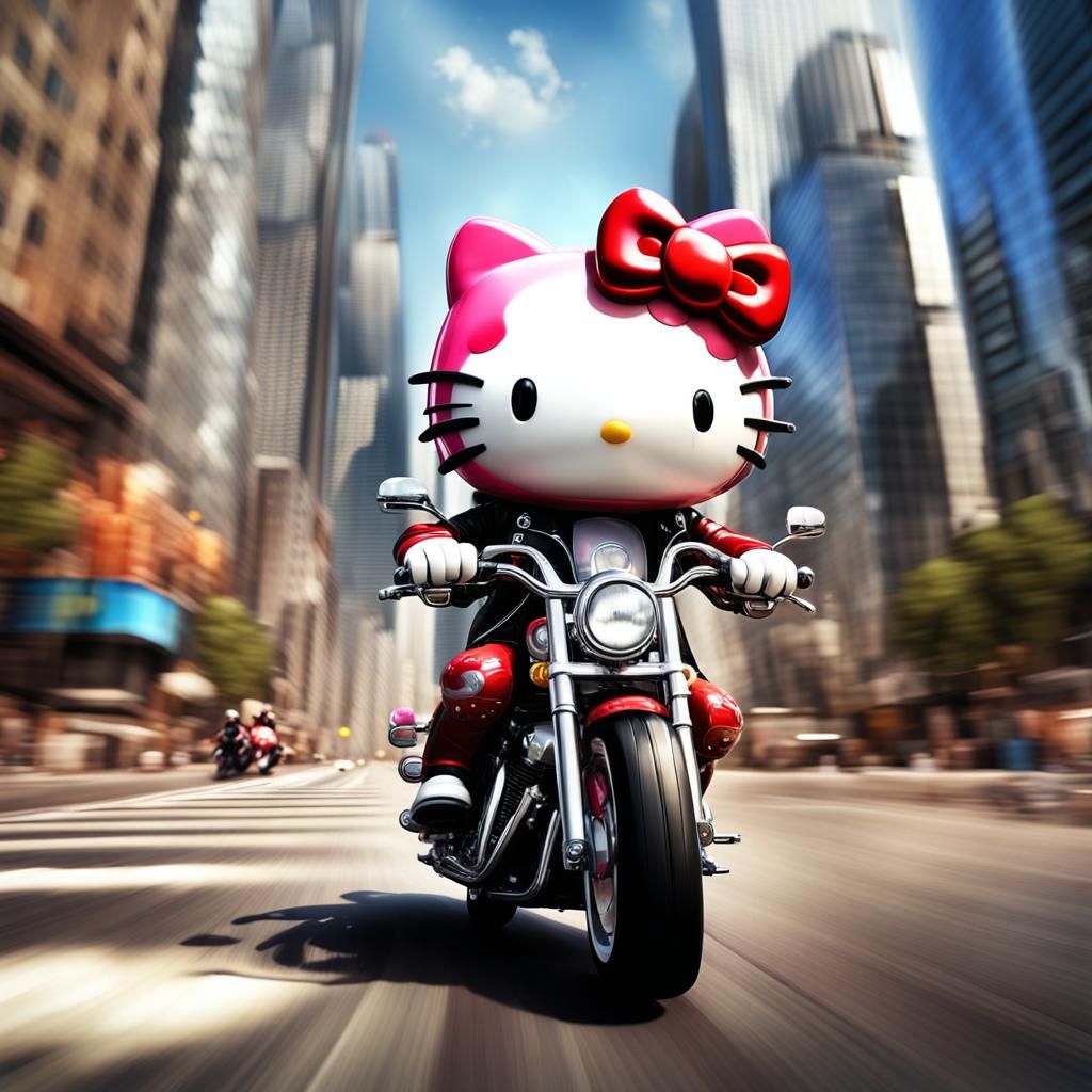 Hello Kitty Rides a Harley in Hyperrealistic Digital Art