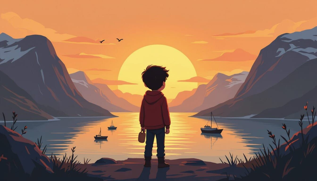 Boy Silhouetted on Cliff Overlooking Fjord at Sunset