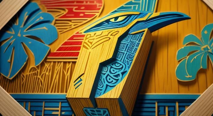 Cubist Tiki Bar Woodblock Print in Electric Blue and Gold