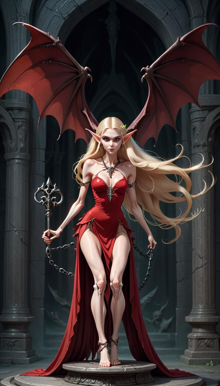 Elf Sorceress with Skeletal Key and Bat Wings