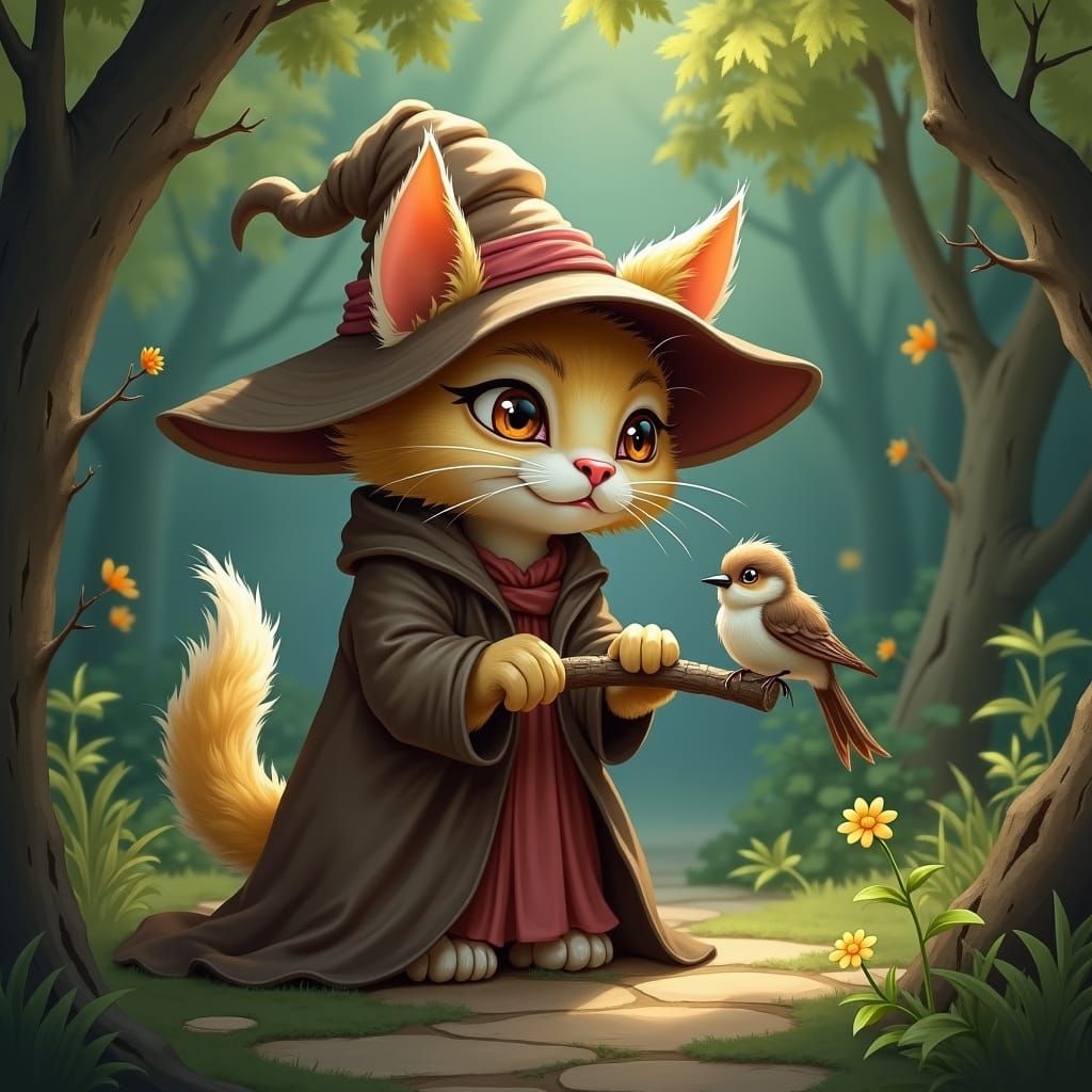 Chibi Cat Witch and Bird Caricature in Forest