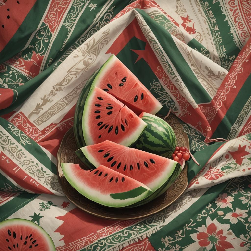 Watermelon Slice with Palestine Flag in Anime Style