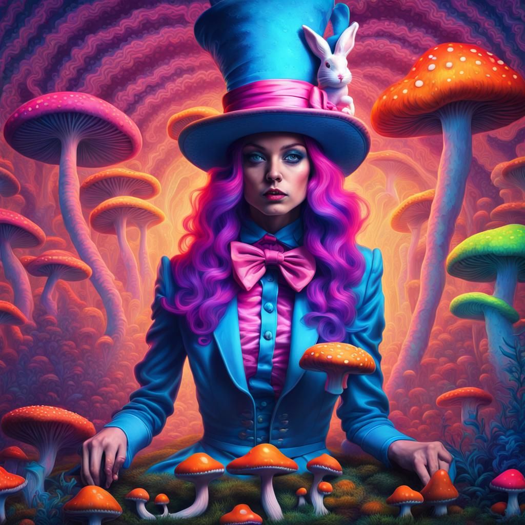 Psychedelic Mad Hatter with Blue Bunny Woman