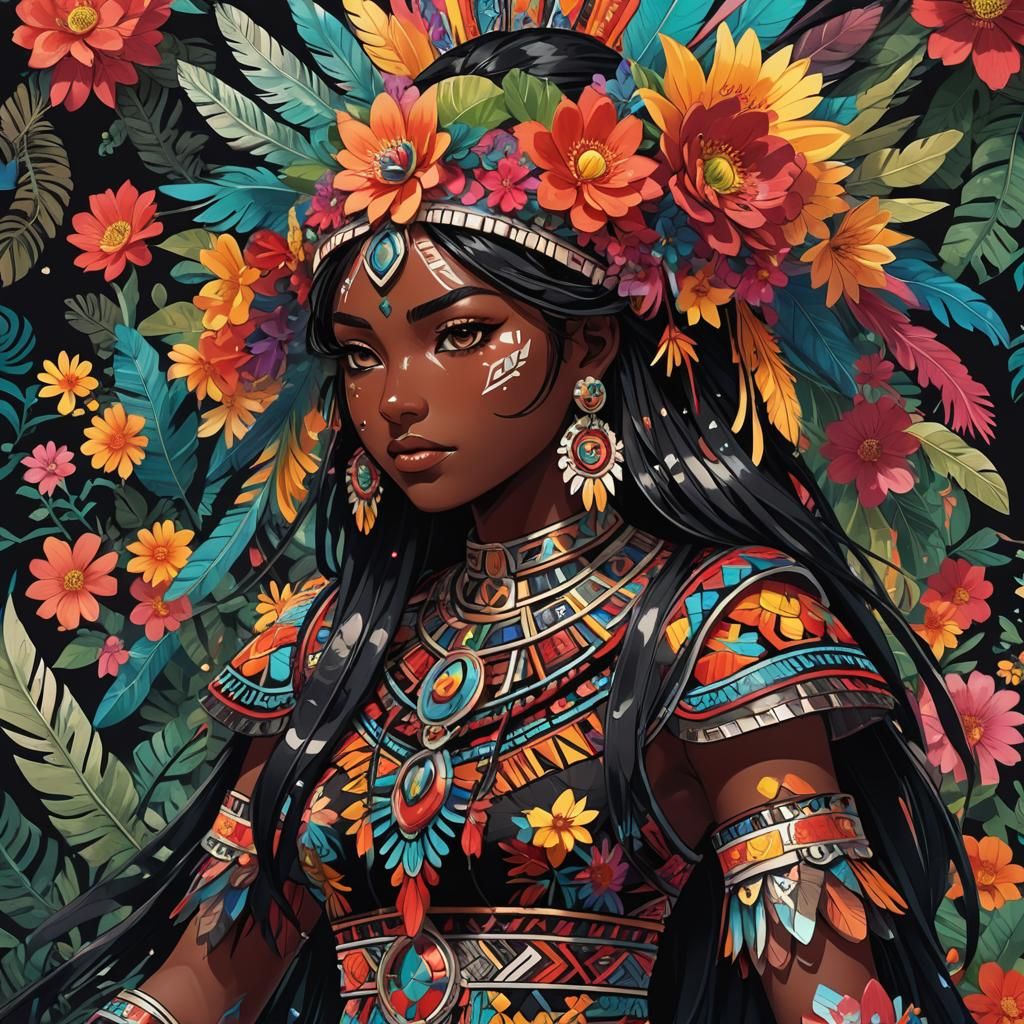 Aztec Girl with Obsidian Sword in Anime Manga Style