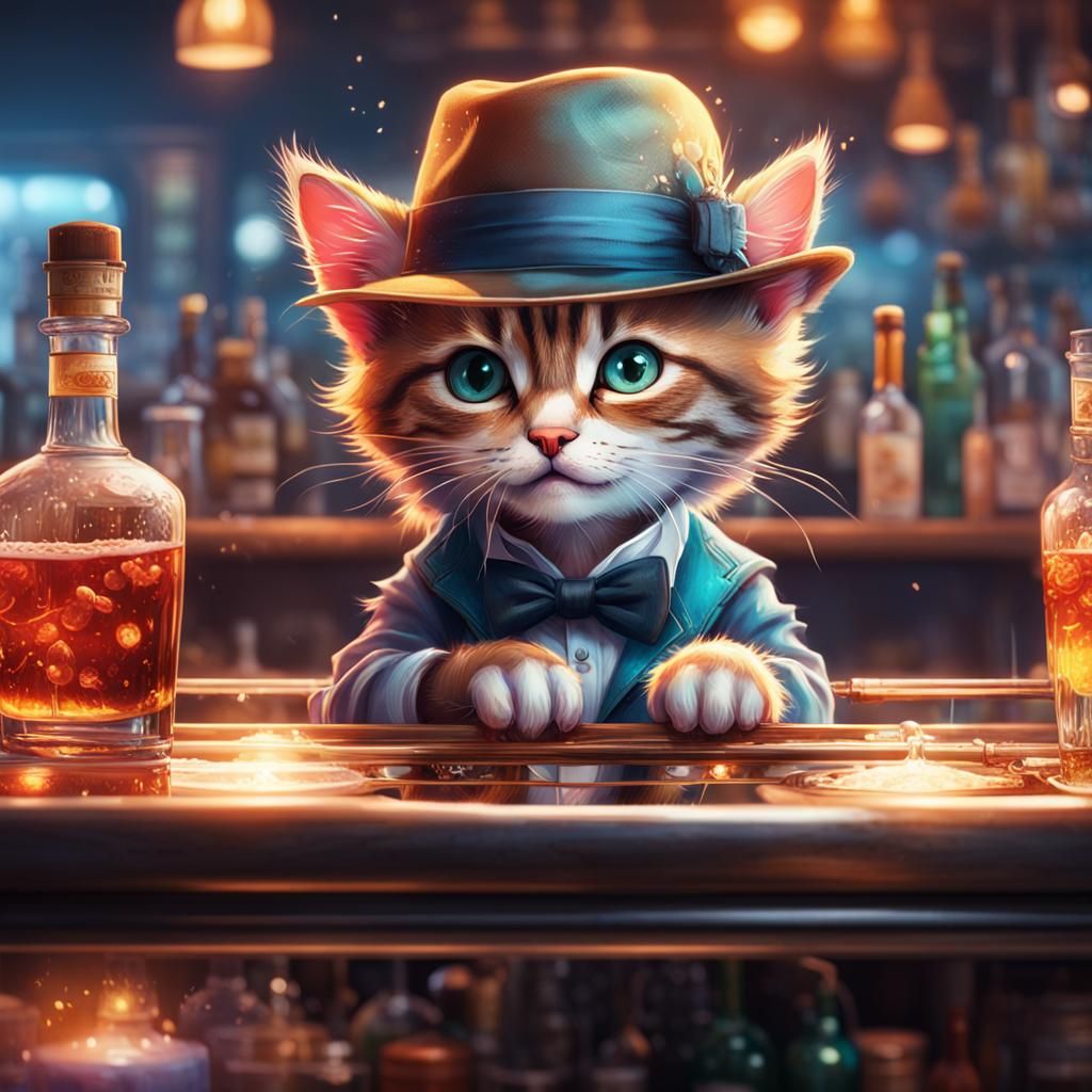 Kitten Bartender Portrait in Digital Art Style