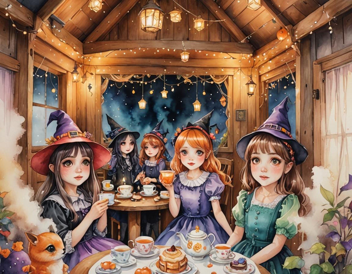 Kawaii Witches Tea Party: Anime Watercolor Masterpiece