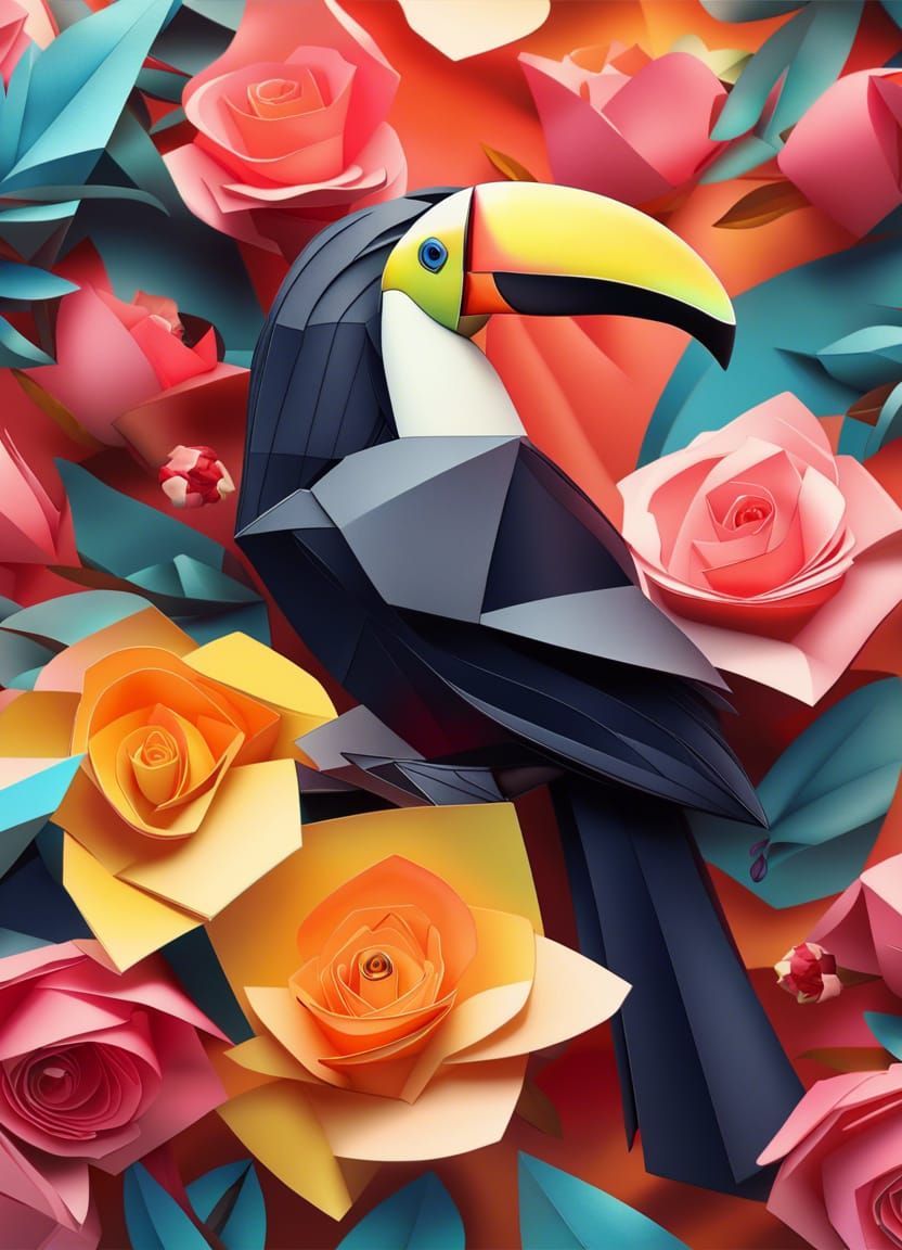 Toucans and Roses in Origami Papercraft Style