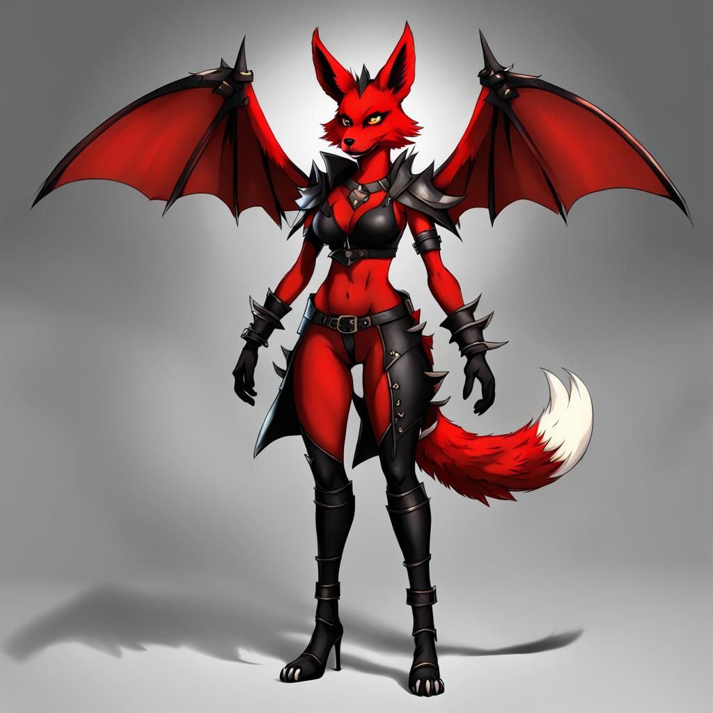 Red and Black Anthro Fox Demon with Wings