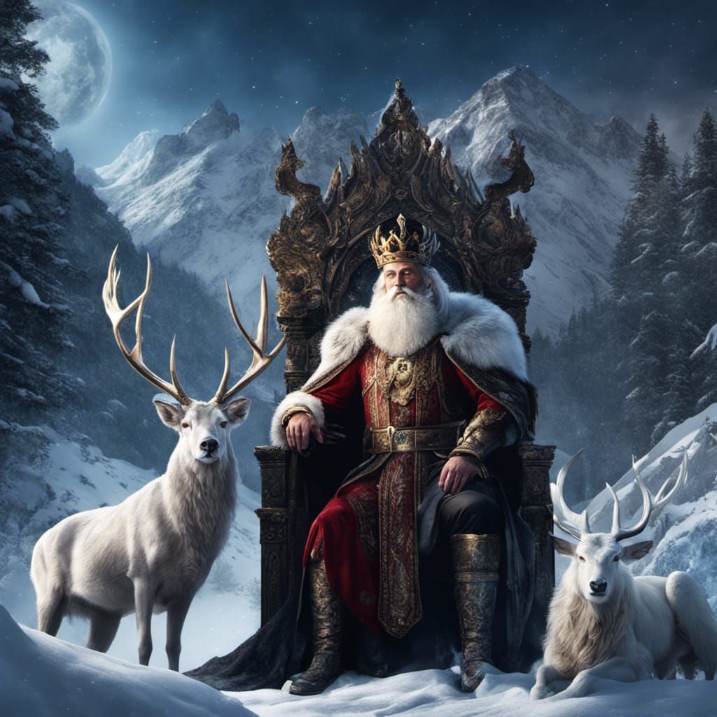 Snowy King with White Stag: Fantasy Art