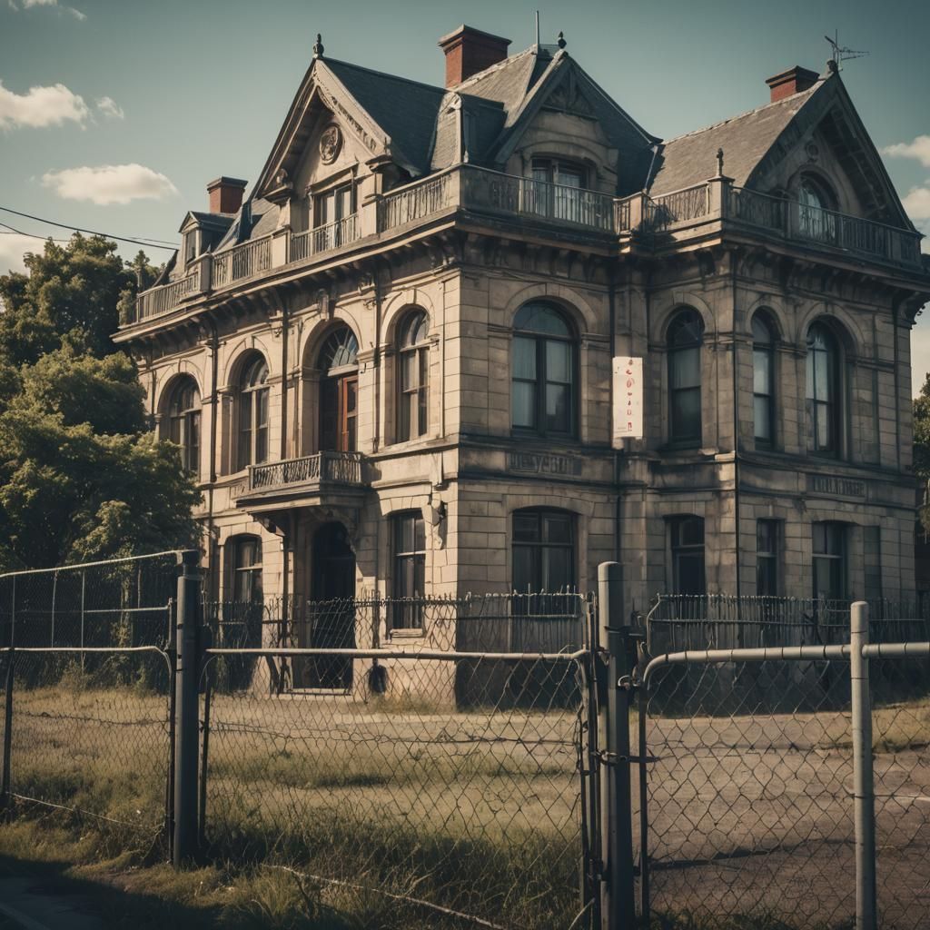 Old Police Station Surrounded by Fence: Cinematic Still