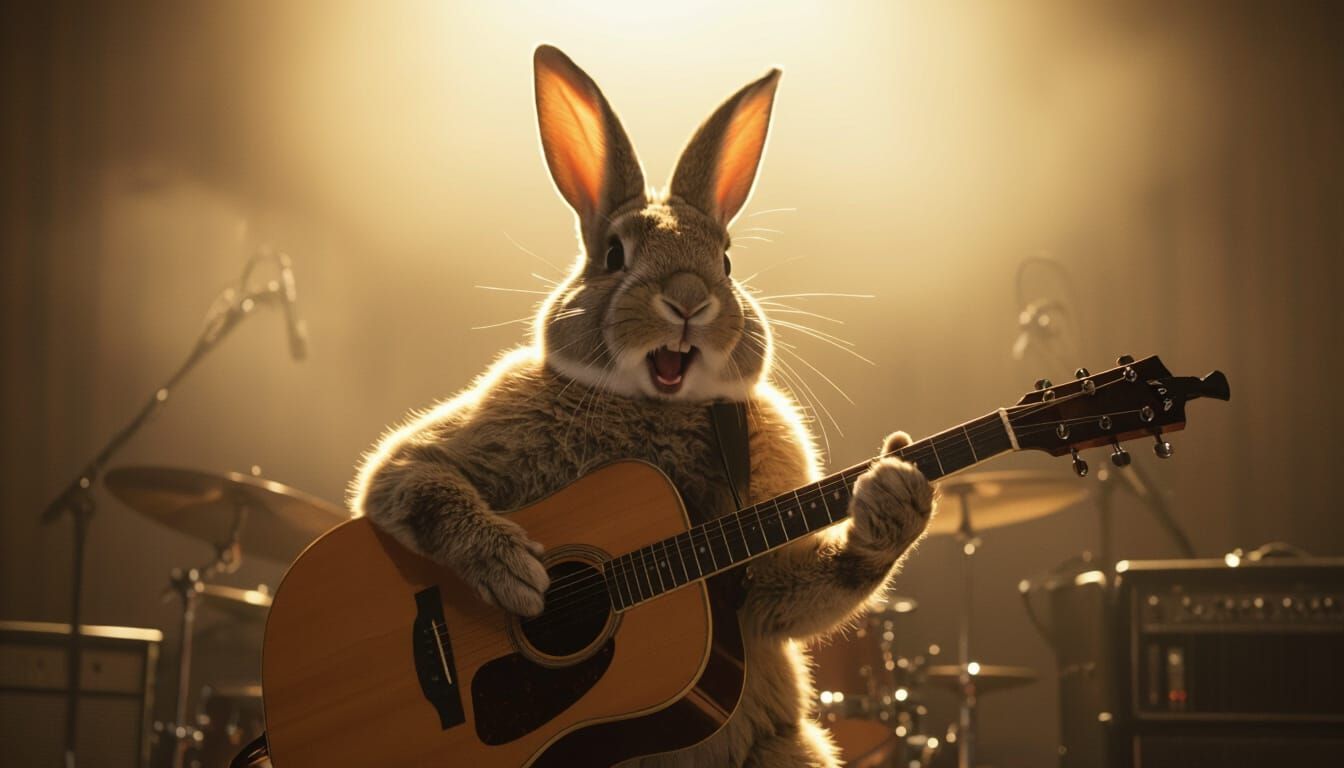 Rabbit Rock Star Serenades with Guitar Under Cinematic Light...