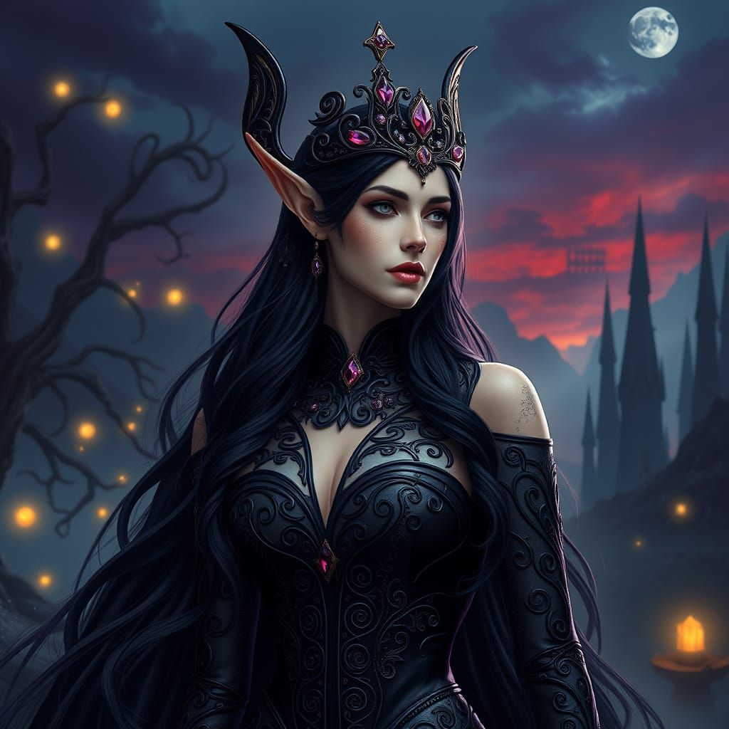 Majestic Blood Elf Queen in Dark Fantasy Realm