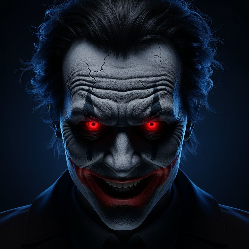 Sinister Man with Joker Smile and Glowing Red Eyes
