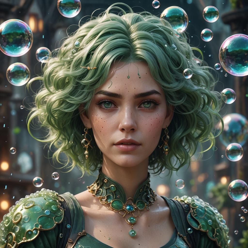 Beautiful Woman with Green Hair and Bubbles