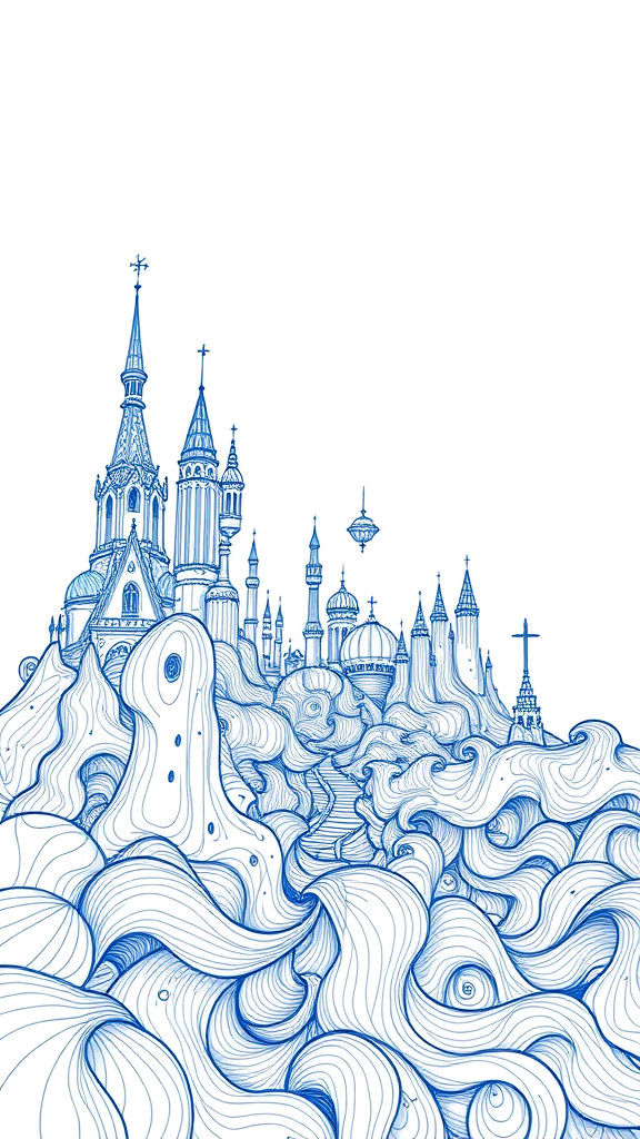 Futuristic Kingdom: Blue Ink Continuous Line Doodle