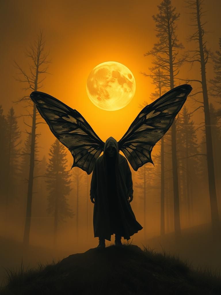 MOTHMAN…A lone figure, cloaked in mystery, stands at the edge of a foreboding, mist-shrouded forest, as if posing after ...