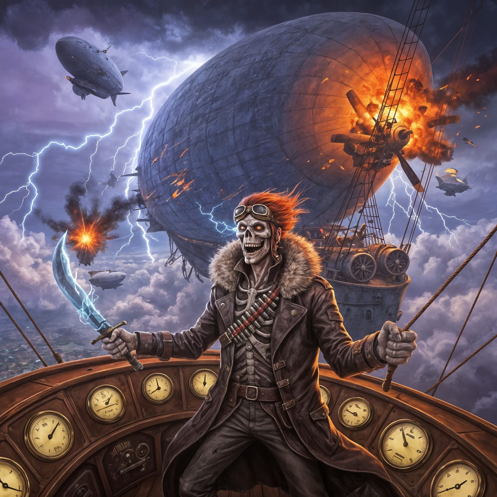 Skeletal Airship Captain Triumphs in Electric Storm
