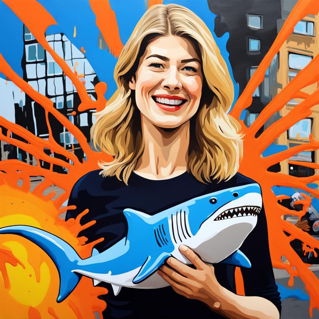 Rosamund Pike Smiles with Ikea Shark in Graffiti Art
