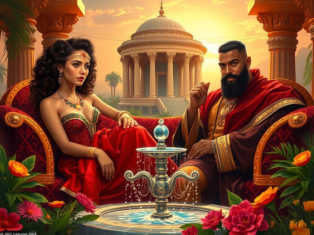 Regal Portrait of Queen of Sheba and King Solomon in Majesti...