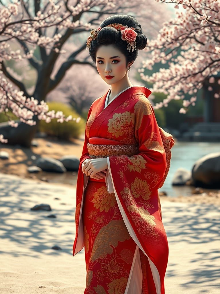 Geisha with Blue Eyes in Japanese Garden Photorealism