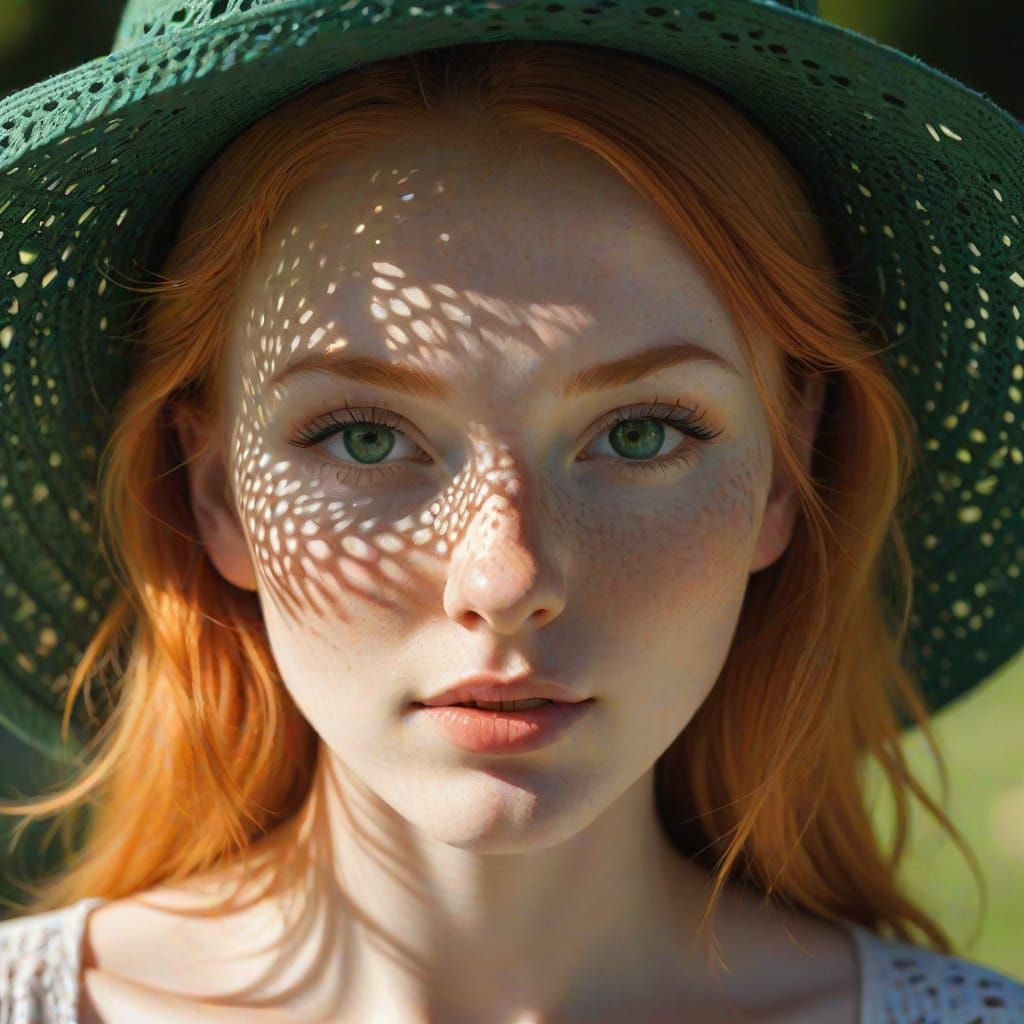Ginger Girl in Openwork Sun Hat Captivating Light and Shadow
