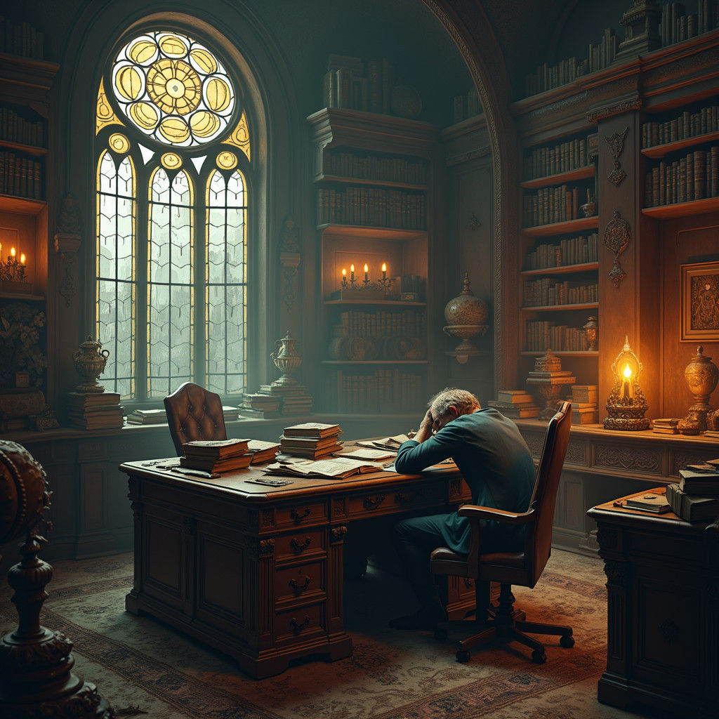 Weary Executive in a Haunting Victorian Office