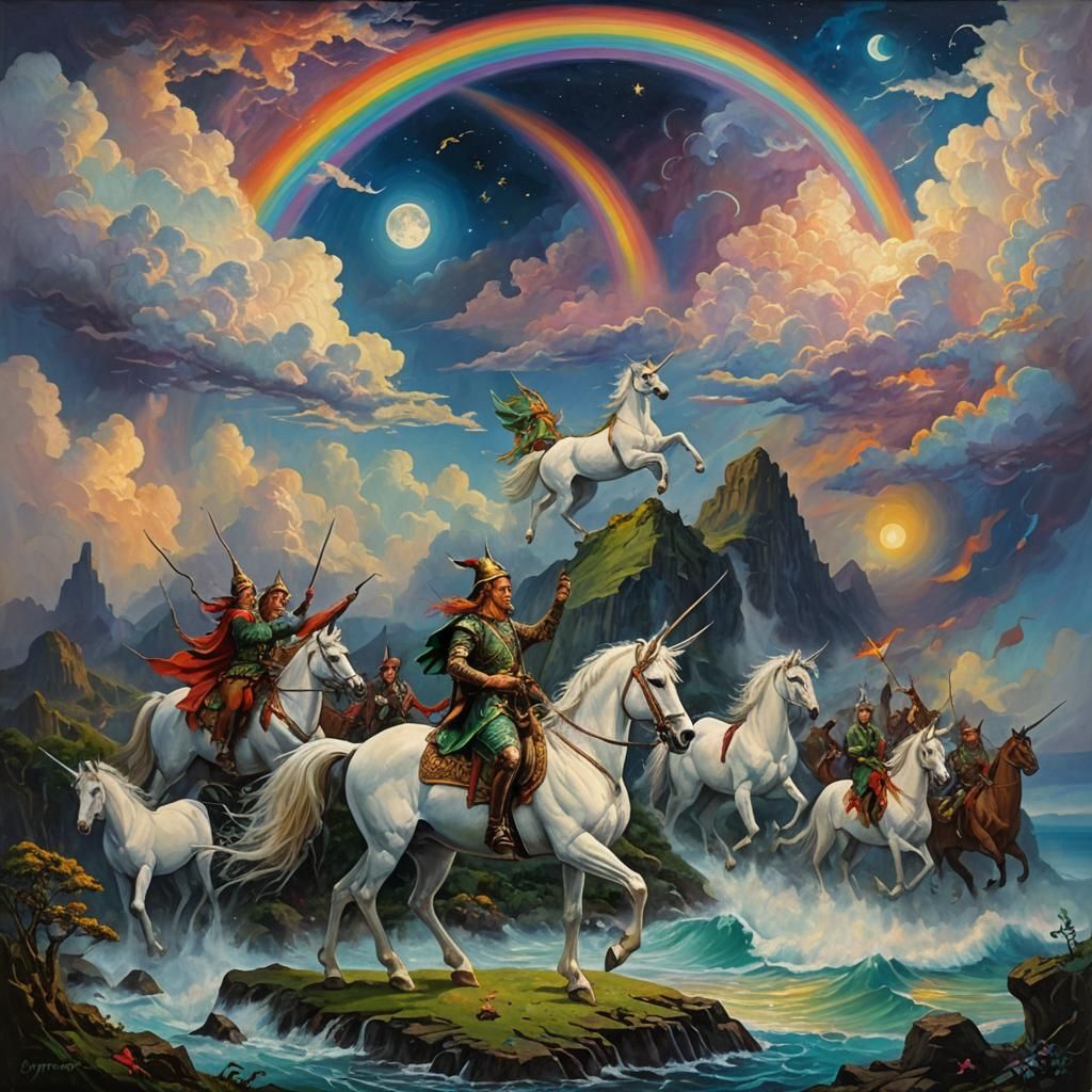 Mythical Realm: Unicorns, Elves, and Rainbow Clouds