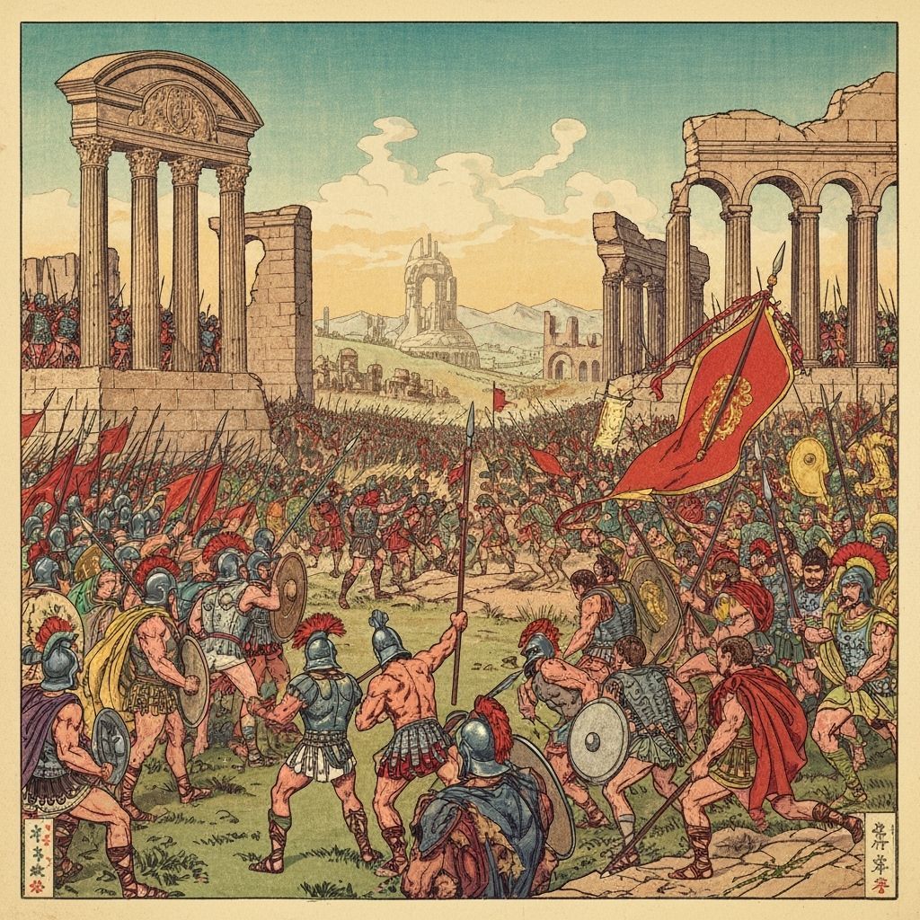 Vivid ukiyo-e style Futuristic Roman Empire..  great battle ...