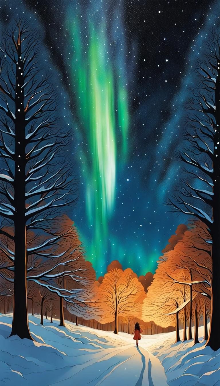 💫The star in my eye, 🌕winter night in New Zealand, ☁️southern lights, 🌳hibernating trees, long coppery hair, flowing,...