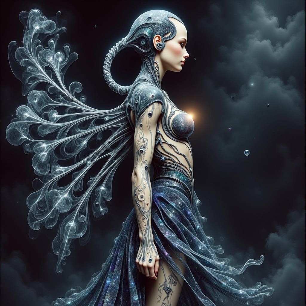 Cyborg Woman with Centipede Tattoos in Giger Style