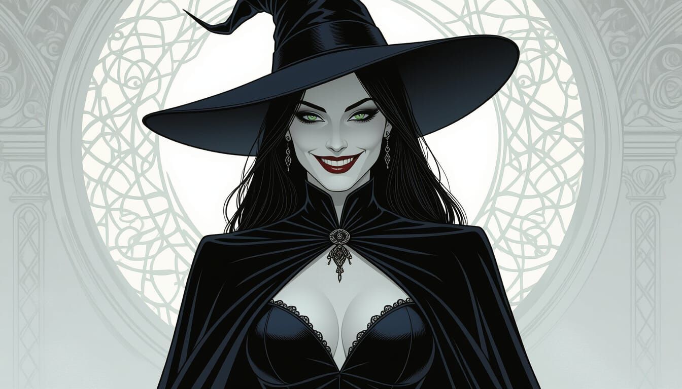 Elegantly Evil Woman in Dark Velvet Cloak