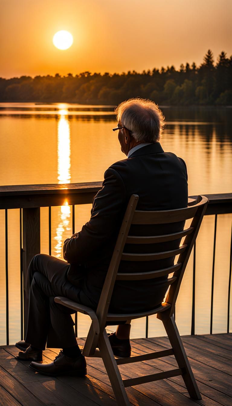 Contemplative Old Man Gazes at Sunset: Retrofuturism Photo