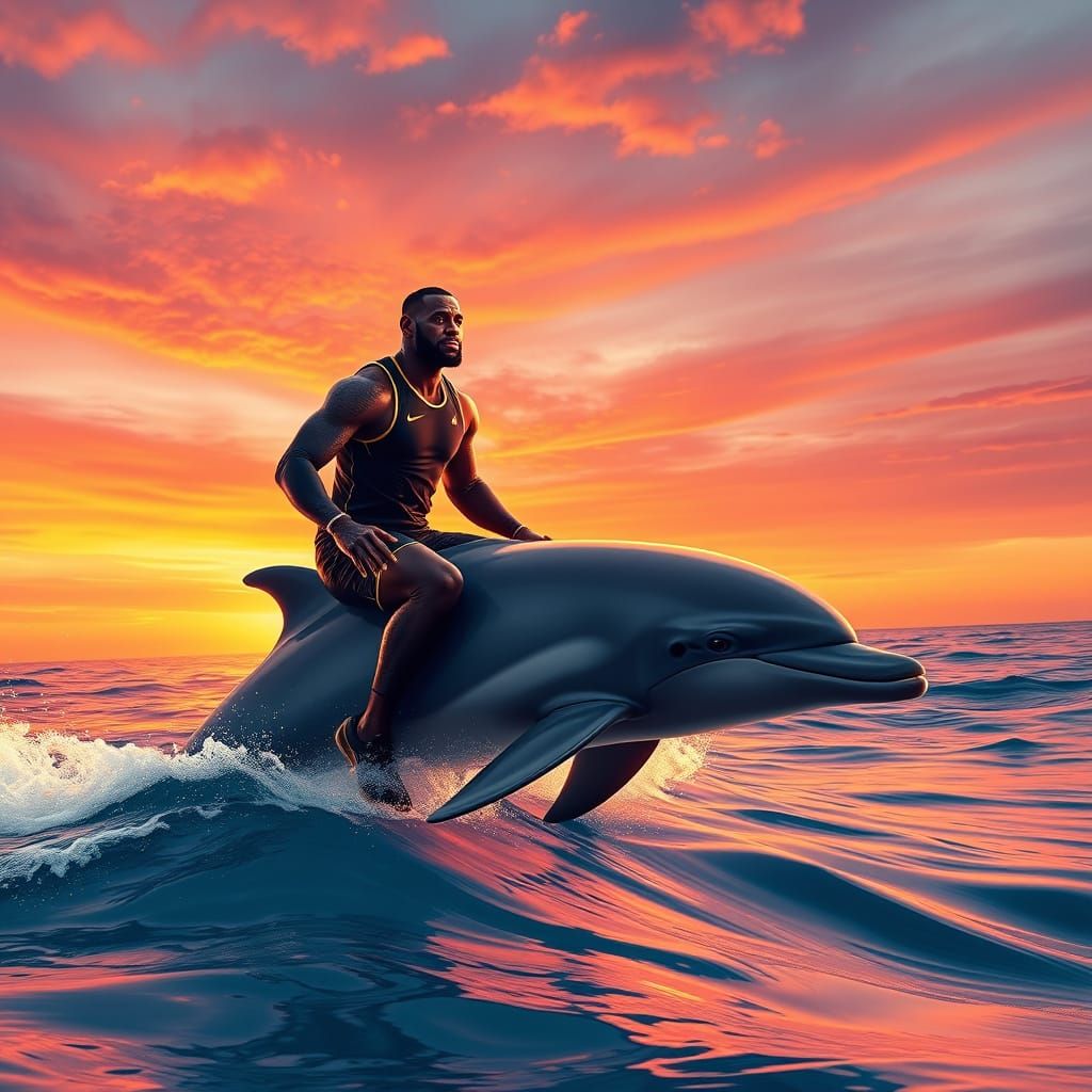 Lebron James Riding a Majestic Dolphin into a Vibrant Sunset