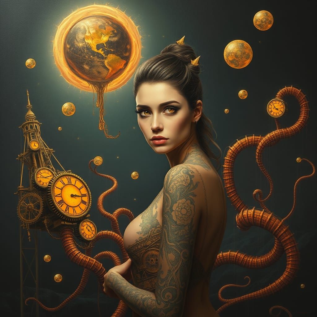 Surreal Woman in Dreamlike Biomechanical Landscape