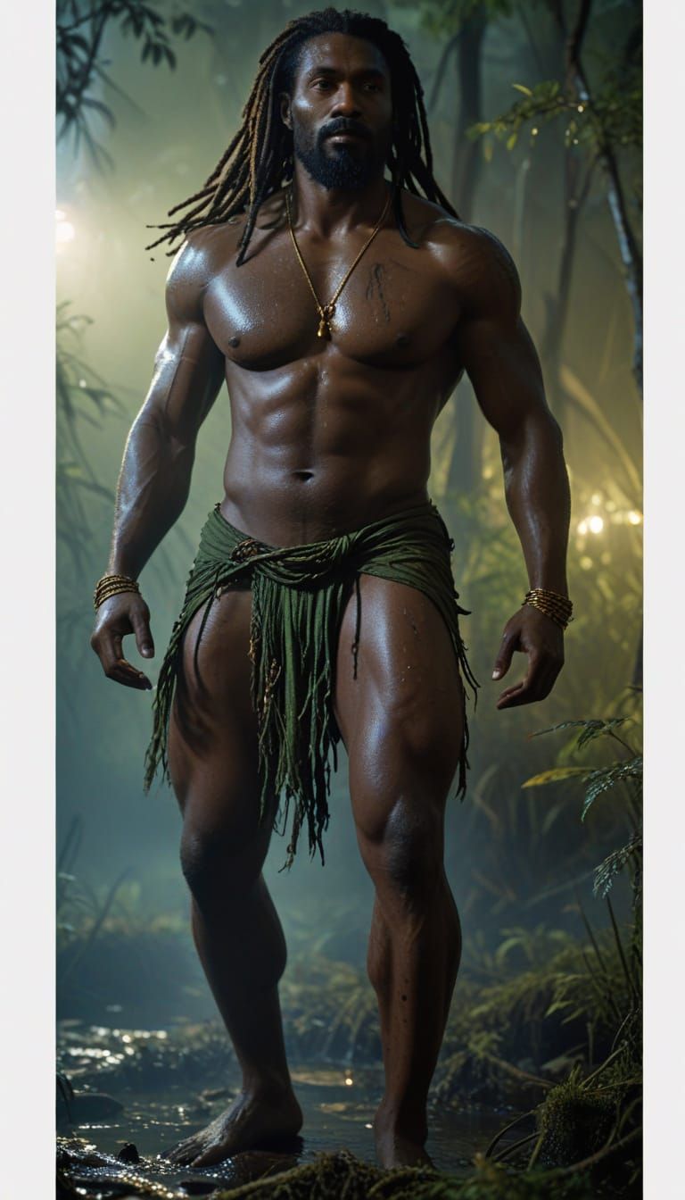 Majestic Nigerian Warrior in Dark Swamp Forest