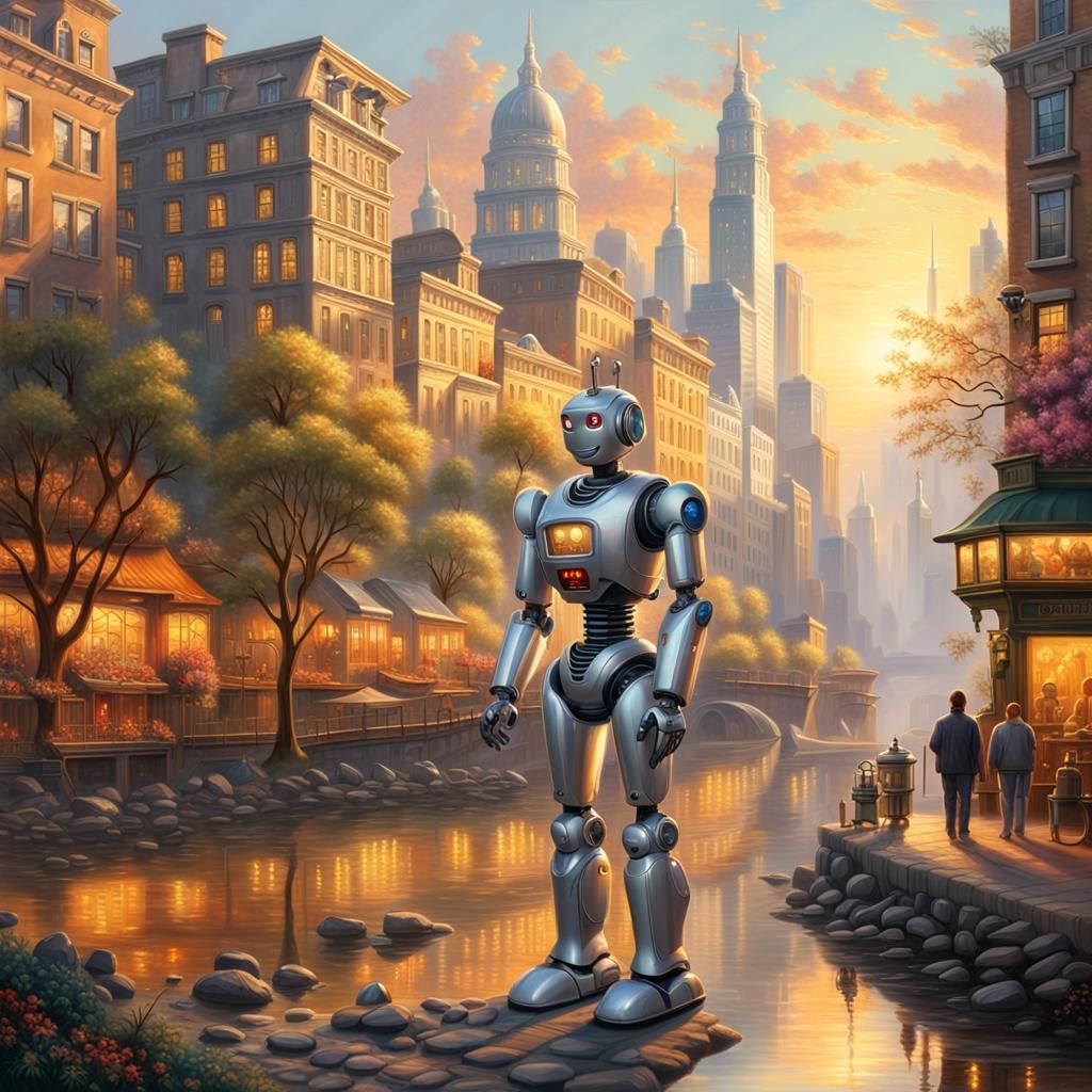 Hyperrealistic Robot in Futuristic Golden Hour Scene