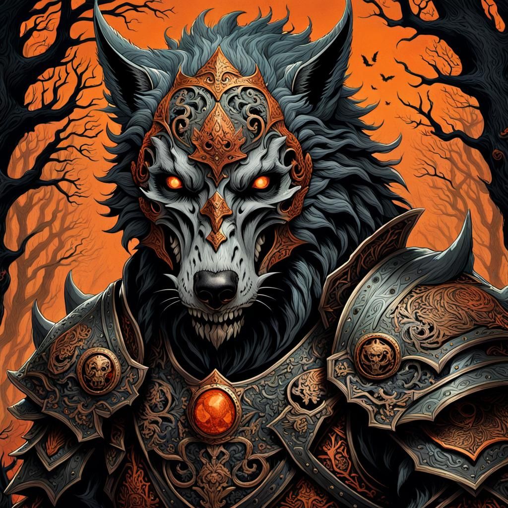 Reaper Rides Wolf Through Dark Forest: Fantasy Illustration