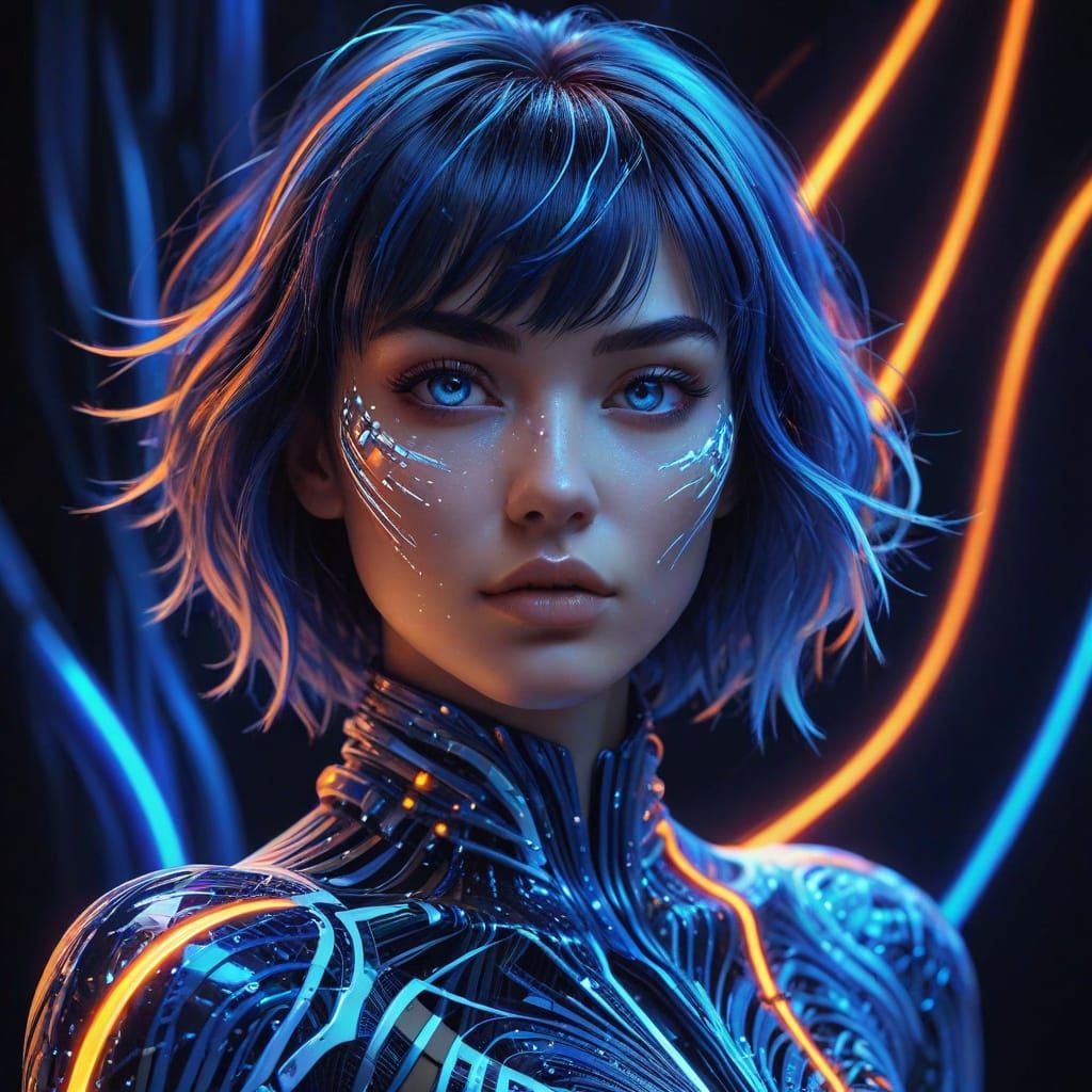 Vibrant Cyberpunk Girl in Bold Orange and Neon Blues