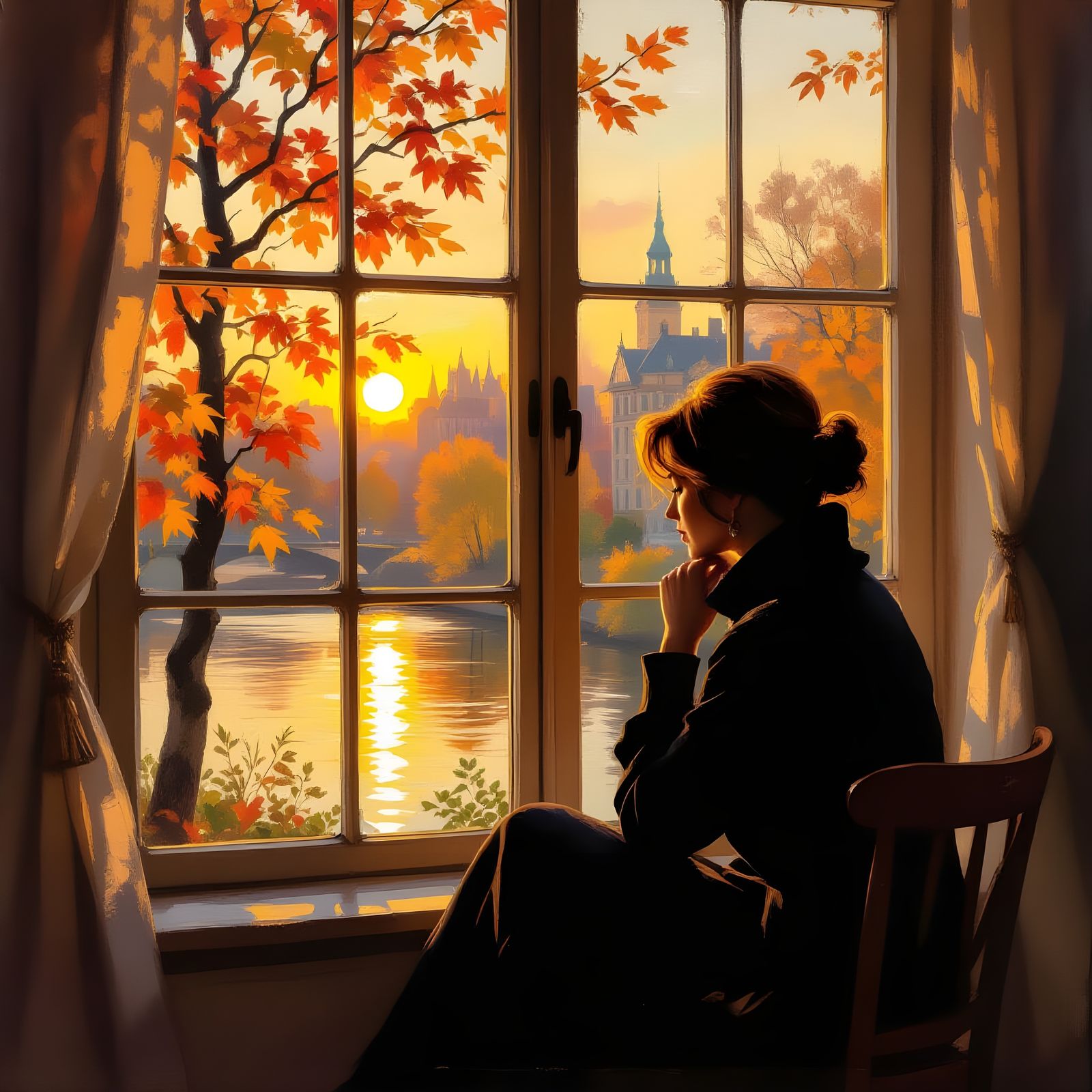 Woman by Window at Sunset in Monet Style