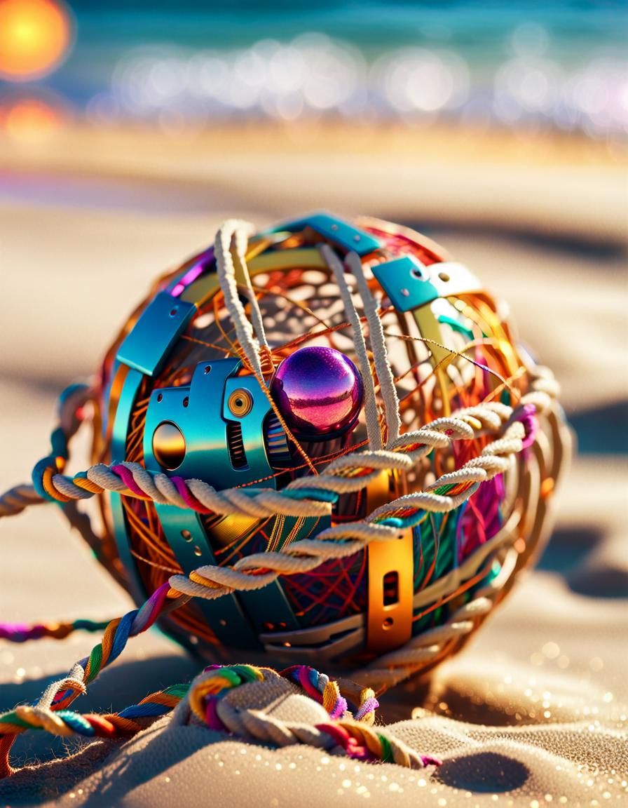 Robot on Beach Holding String Ball: Concept Art