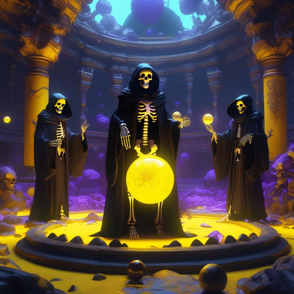 Skeletons in Black Robes Around Glowing Orb