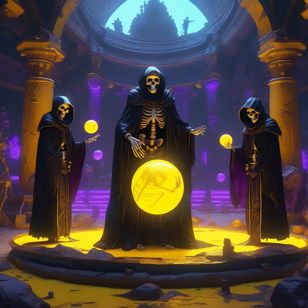 Skeletons Around Glowing Orb: Dark Fantasy Art