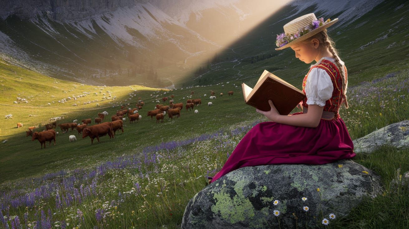 Shepherdess in Enchanted Alpine Valley at Sunset