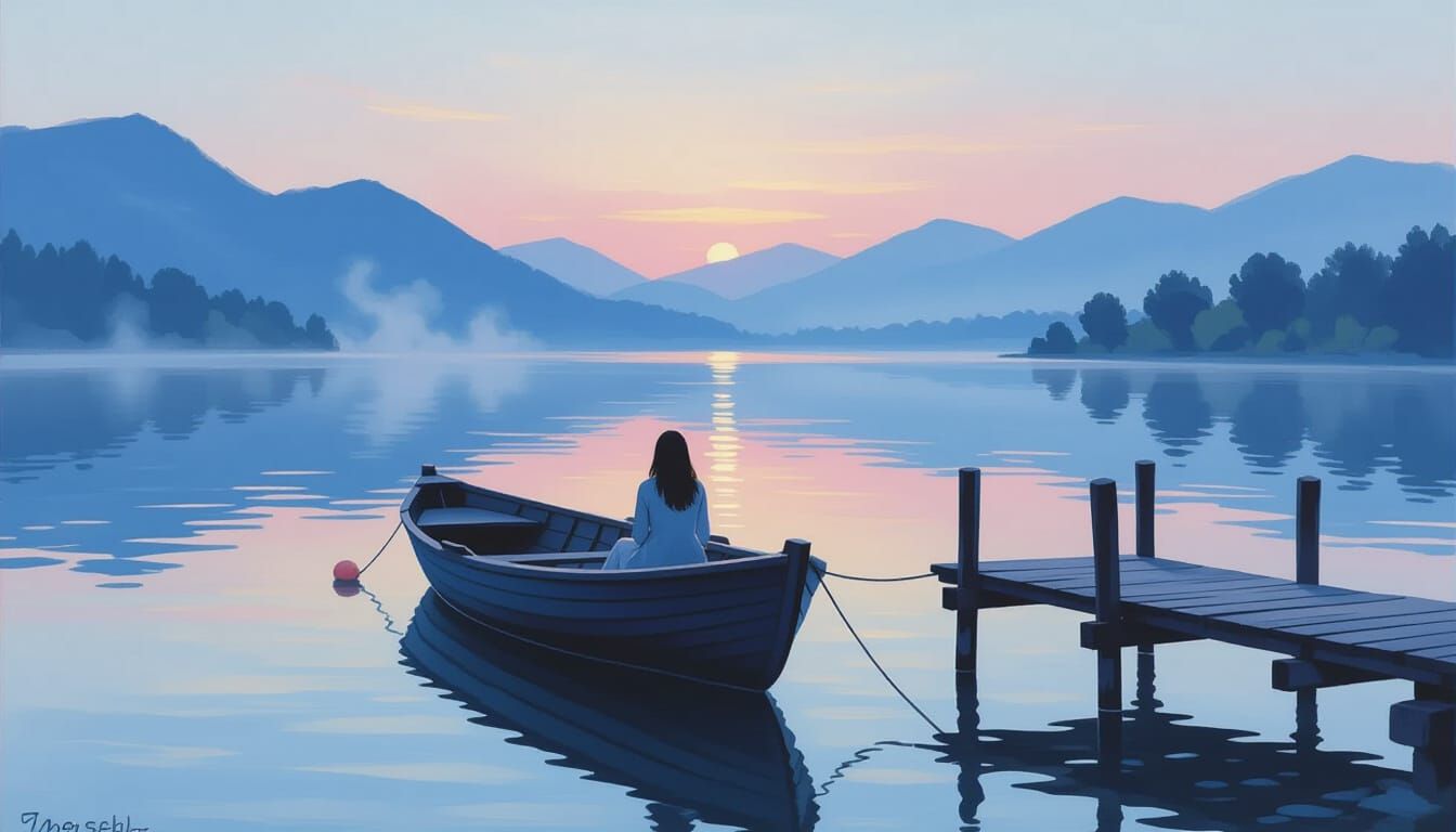 Serene Lake at Dawn with Mist and Mountains