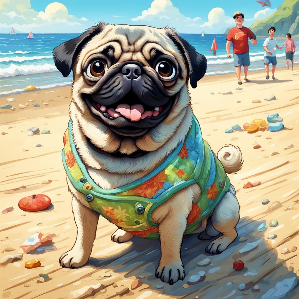 Happy Pug Enjoying Beach in Pixar Style