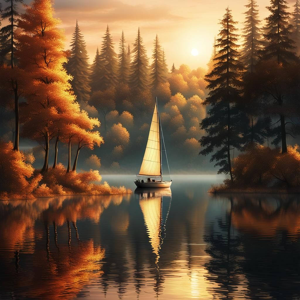 Sailboat on Serene Lake at Sunset in Art Nouveau Style